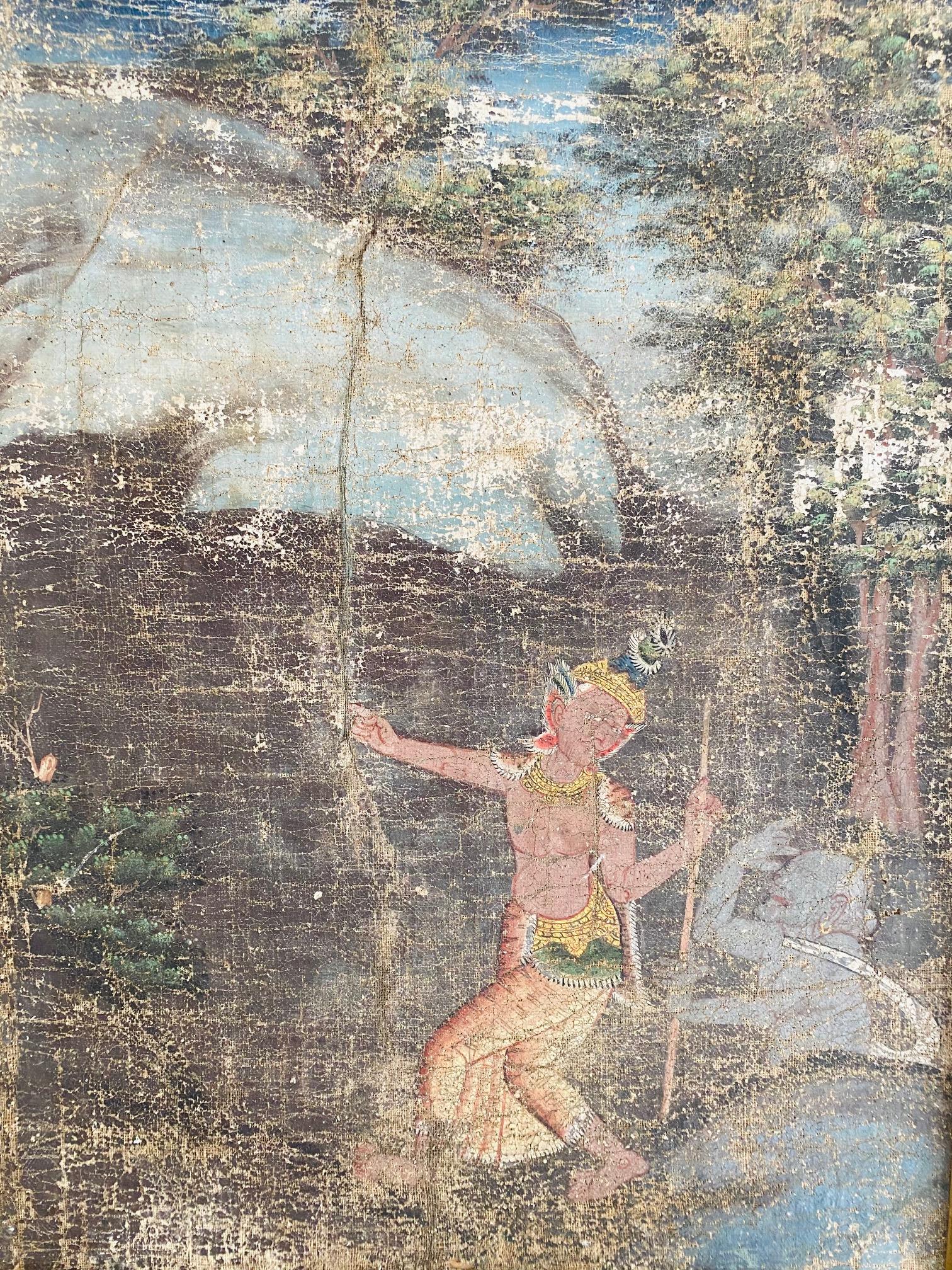 Distressed Thai Painting of Temple Dancer and Buddhist Monkey God, circa 1950 In Distressed Condition For Sale In Fort Lauderdale, FL