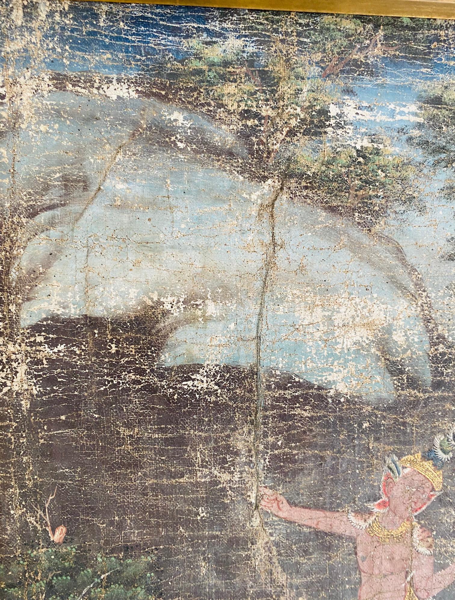 Mid-20th Century Distressed Thai Painting of Temple Dancer and Buddhist Monkey God, circa 1950 For Sale