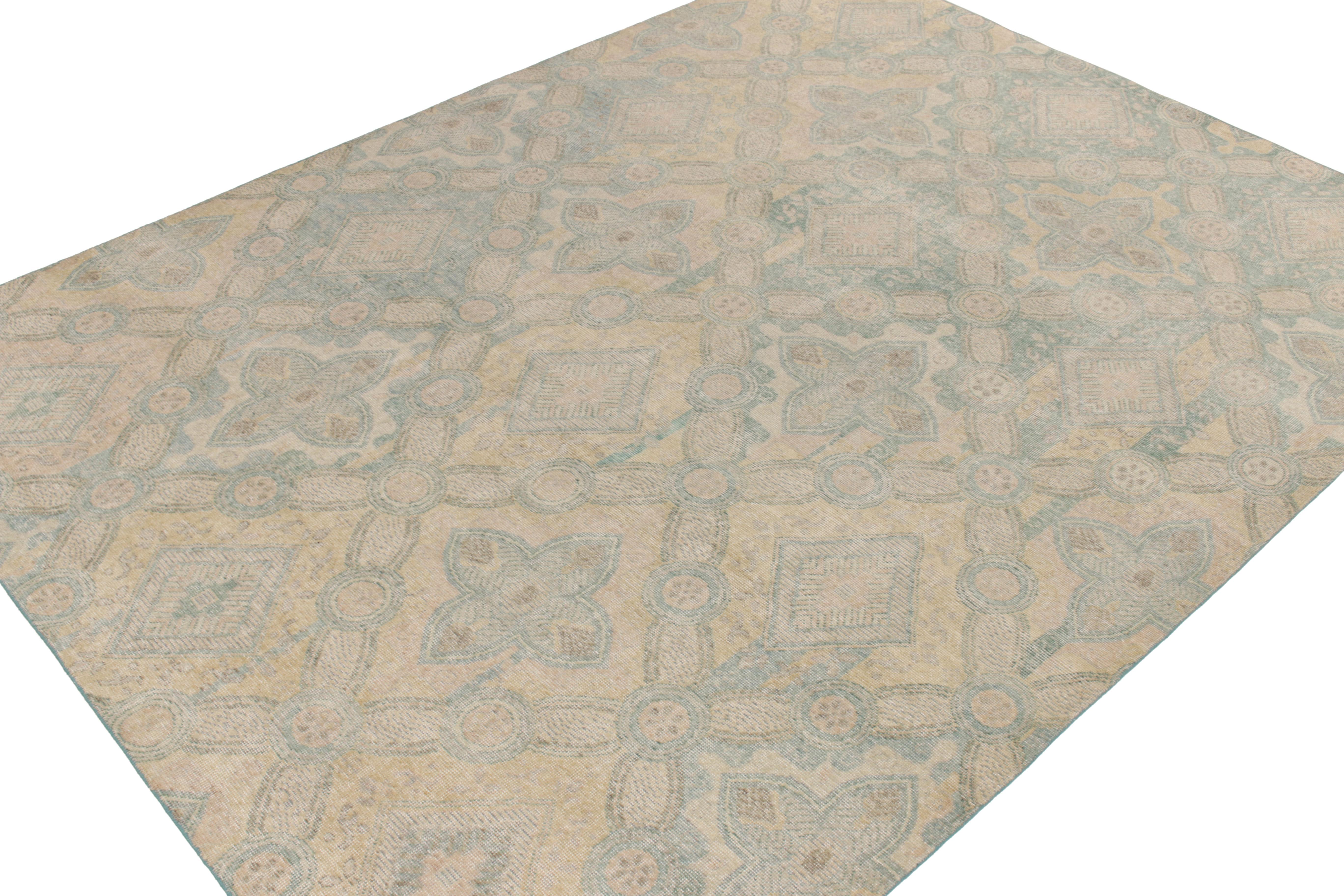 Art Deco Rug & Kilim's Distressed Transitional Deco Style Rug, Cream, Blue Floral For Sale