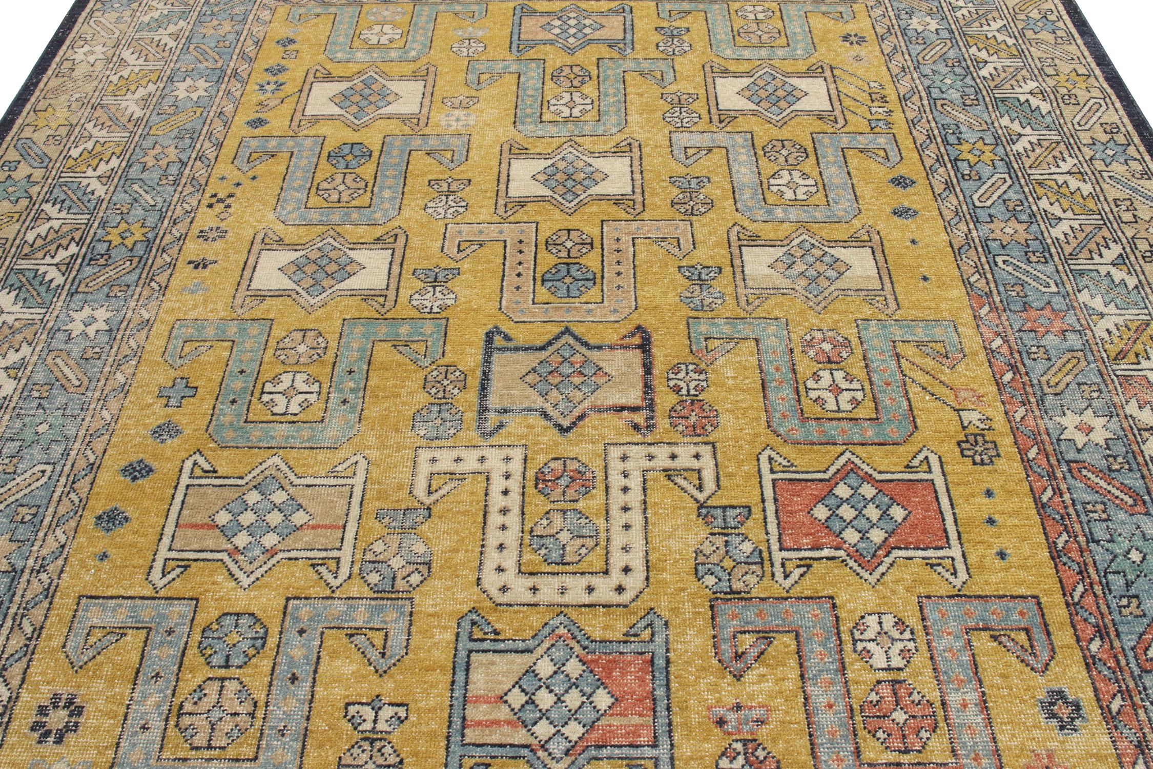 Indian Rug & Kilim's Distressed Tribal Style Rug in Blue and Yellow Geometric Pattern For Sale