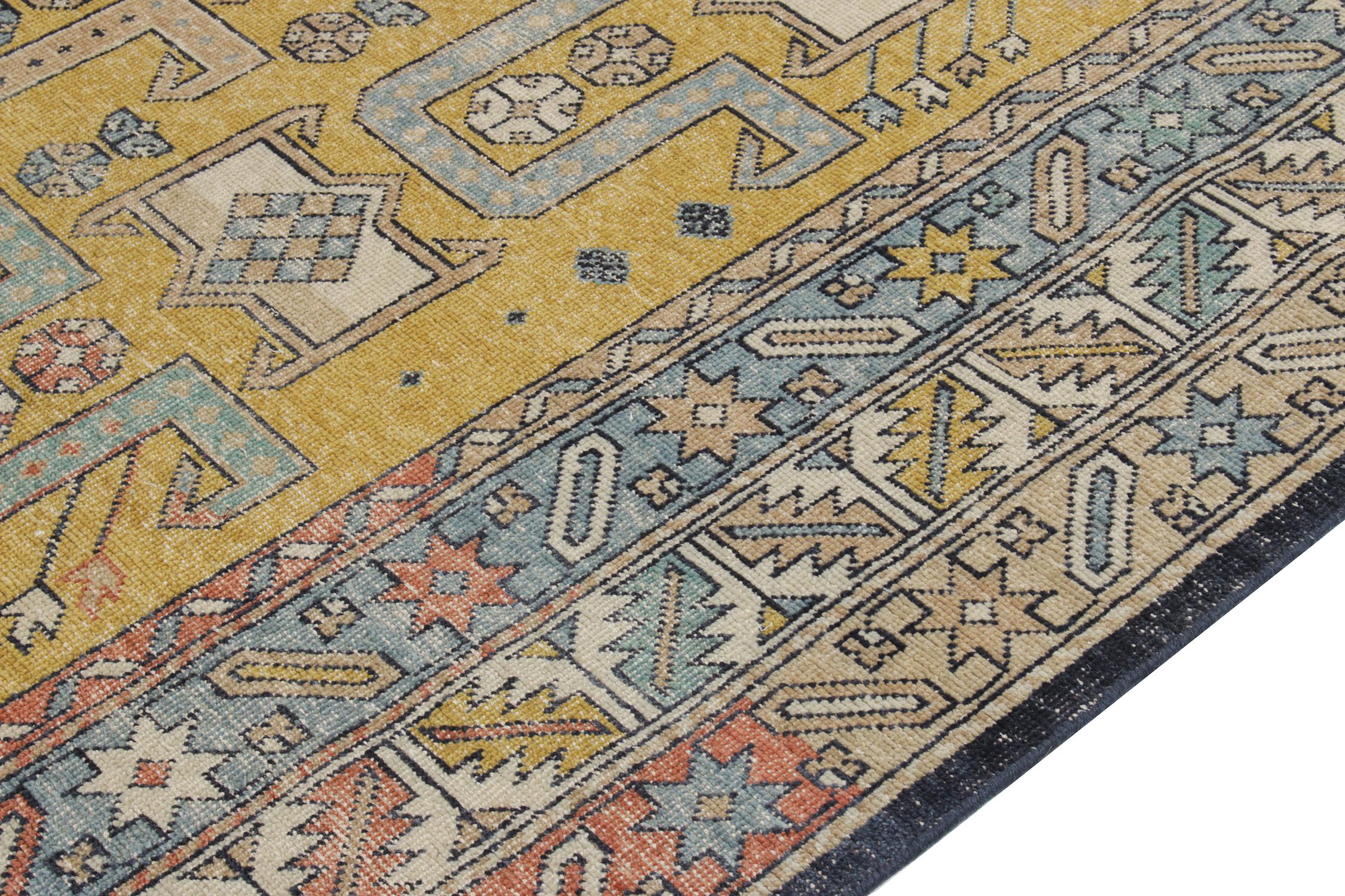 Hand-Knotted Rug & Kilim's Distressed Tribal Style Rug in Blue and Yellow Geometric Pattern For Sale
