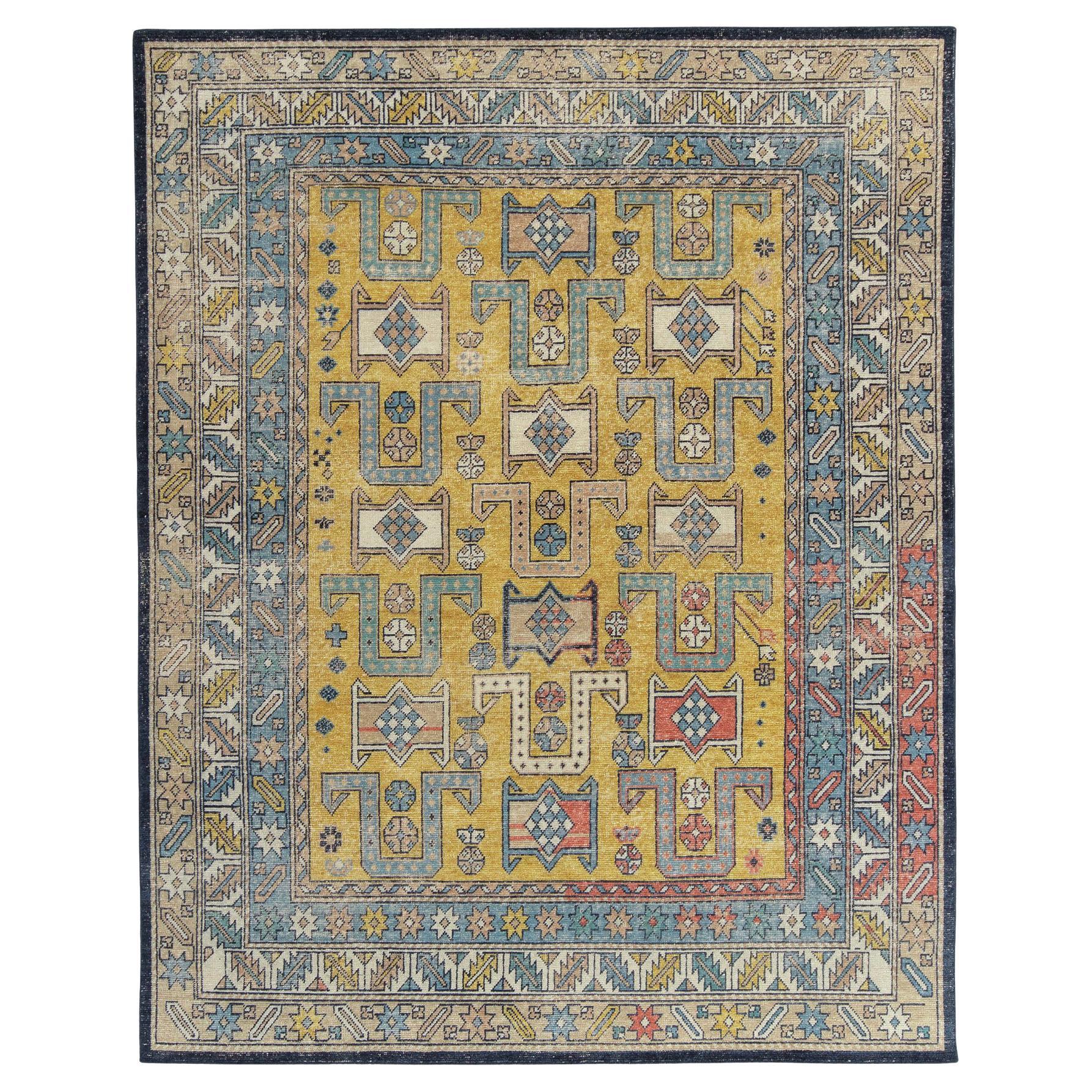 Rug & Kilim's Distressed Tribal Style Rug in Blue and Yellow Geometric Pattern For Sale
