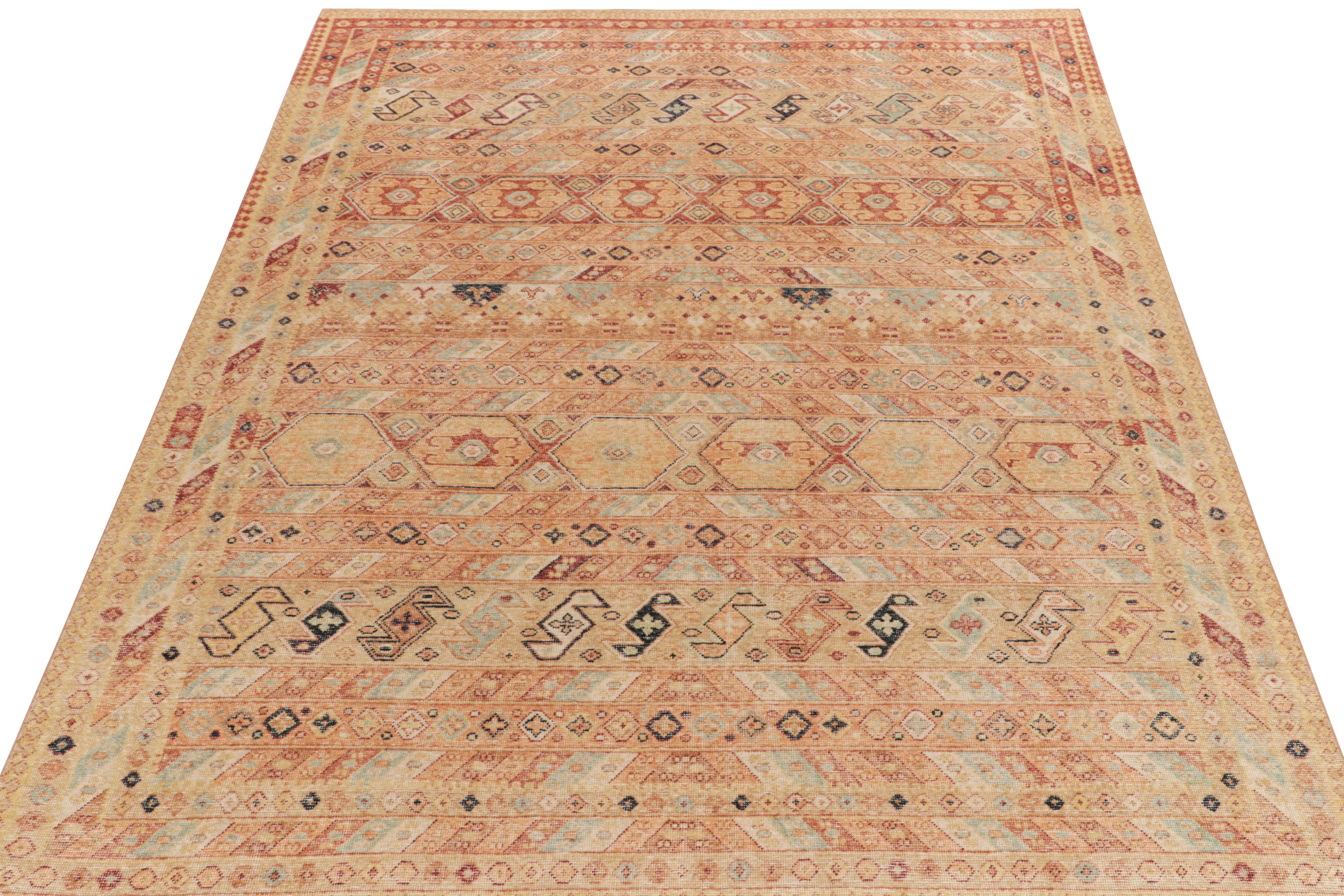 A 9x12 distressed style piece rom Rug & Kilim’s Homage Collection, enjoying an impeccable hand-knotted wool in this textural shabby-chic style. Inspired by tribal carpet styles, the rug witnesses a joyful union of geometry & traditional motifs