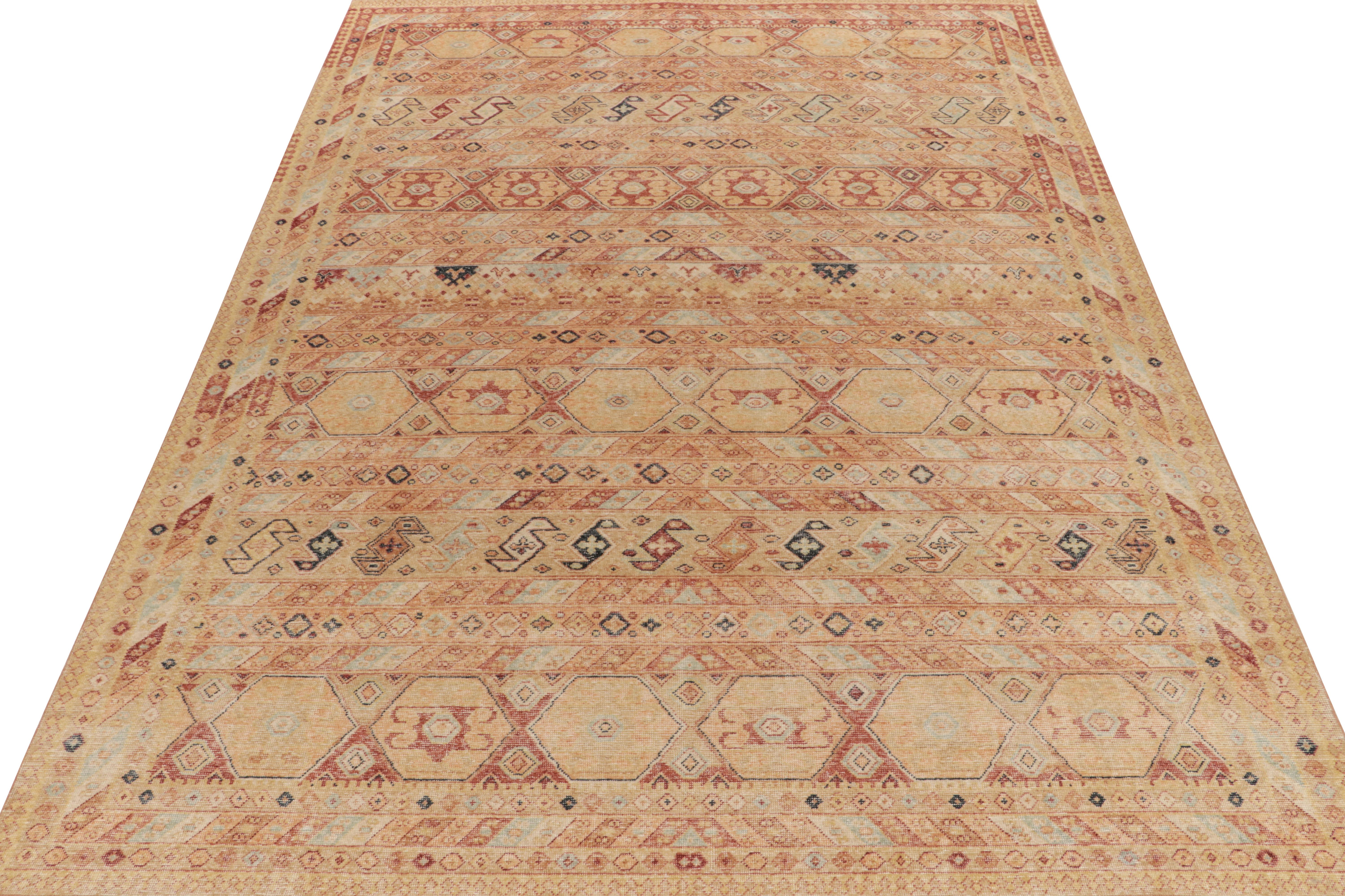 A 10x14 distressed style piece from Rug & Kilim’s Homage Collection, enjoying an impeccable hand-knotted wool in this textural shabby-chic style. Inspired by tribal carpet styles, the rug witnesses a joyful union of geometry & traditional motifs