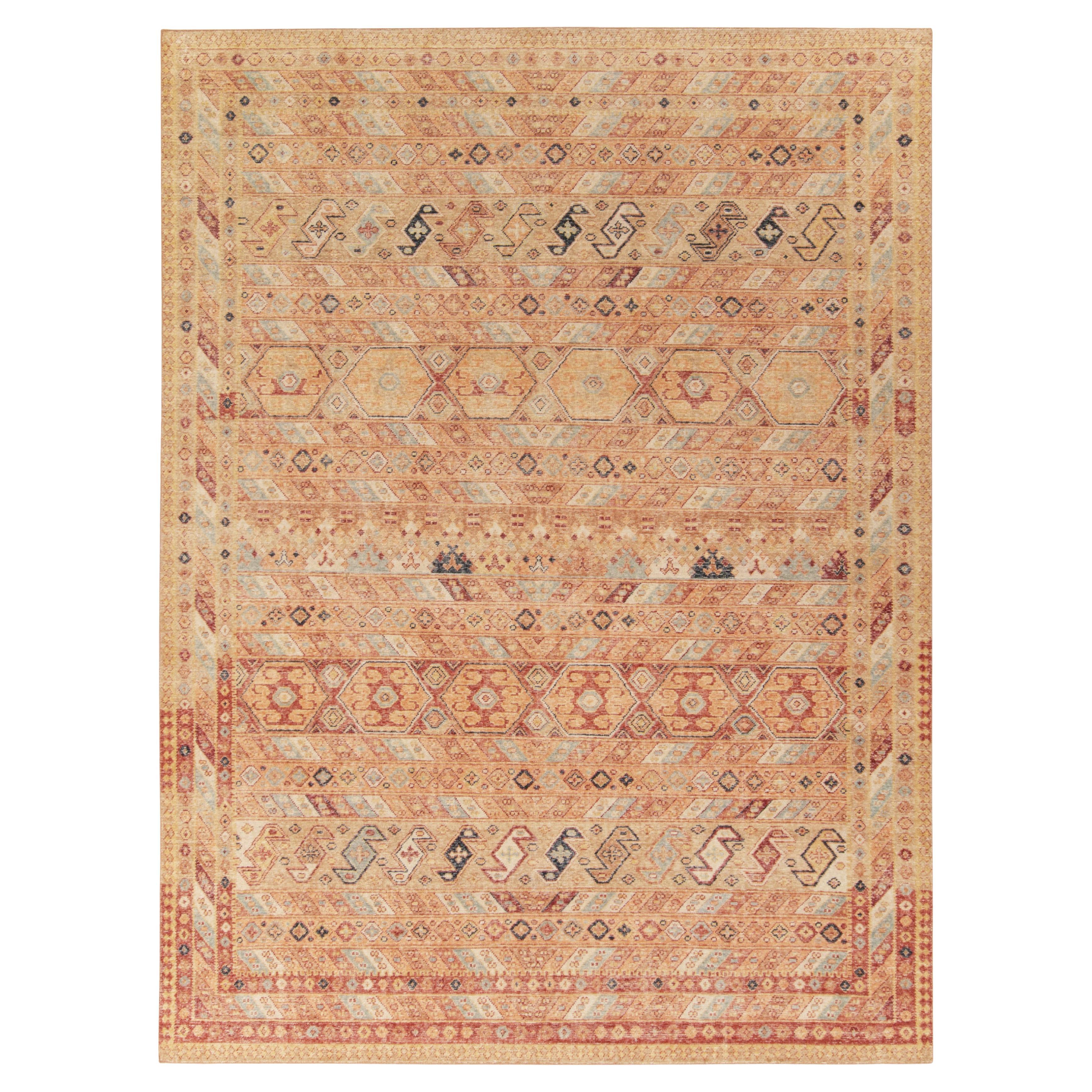 Rug & Kilim's Distressed Tribal Style Rug in Orange and Red Geometric Pattern For Sale