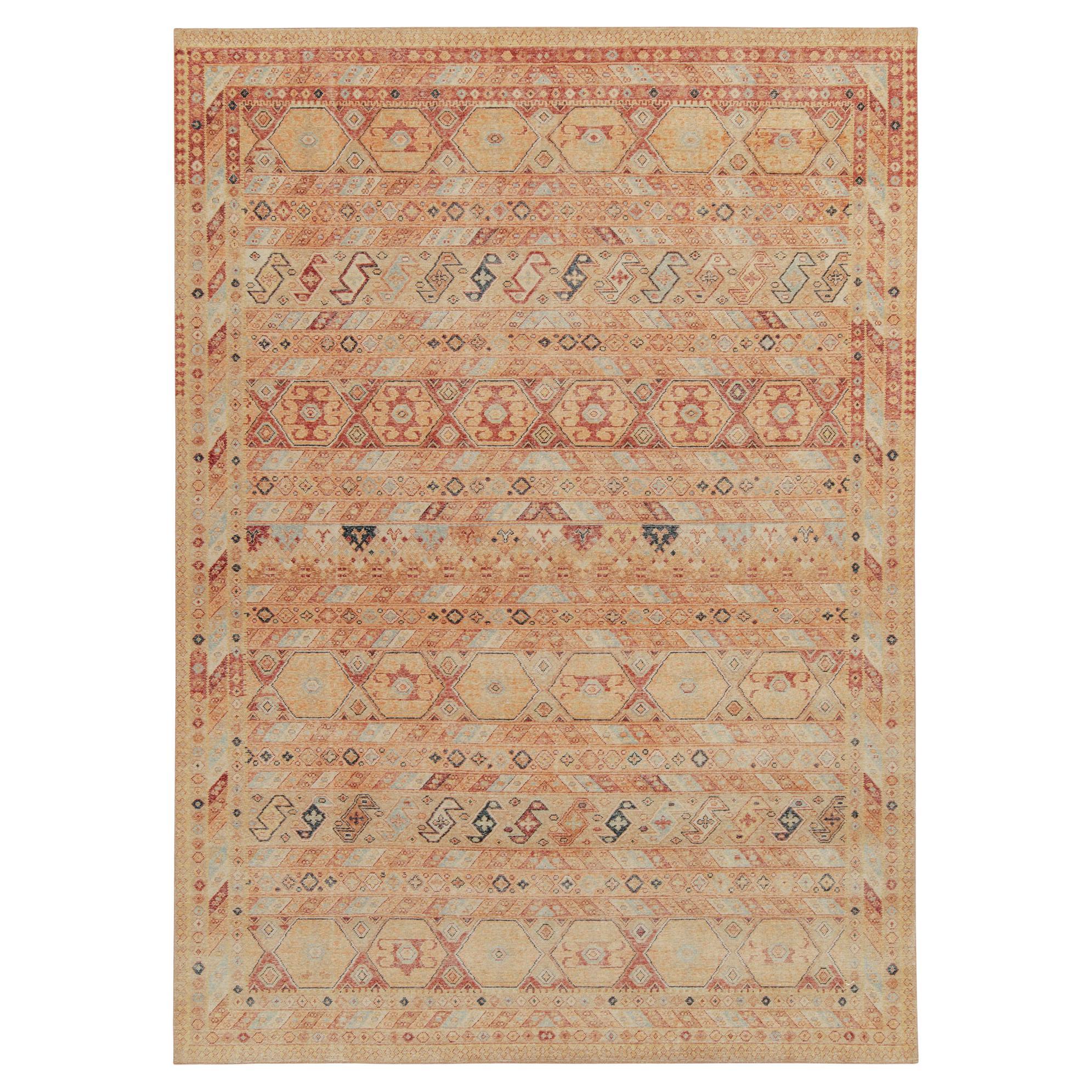 Rug & Kilim's Distressed Tribal Style Rug in Orange and Red Geometric Pattern For Sale