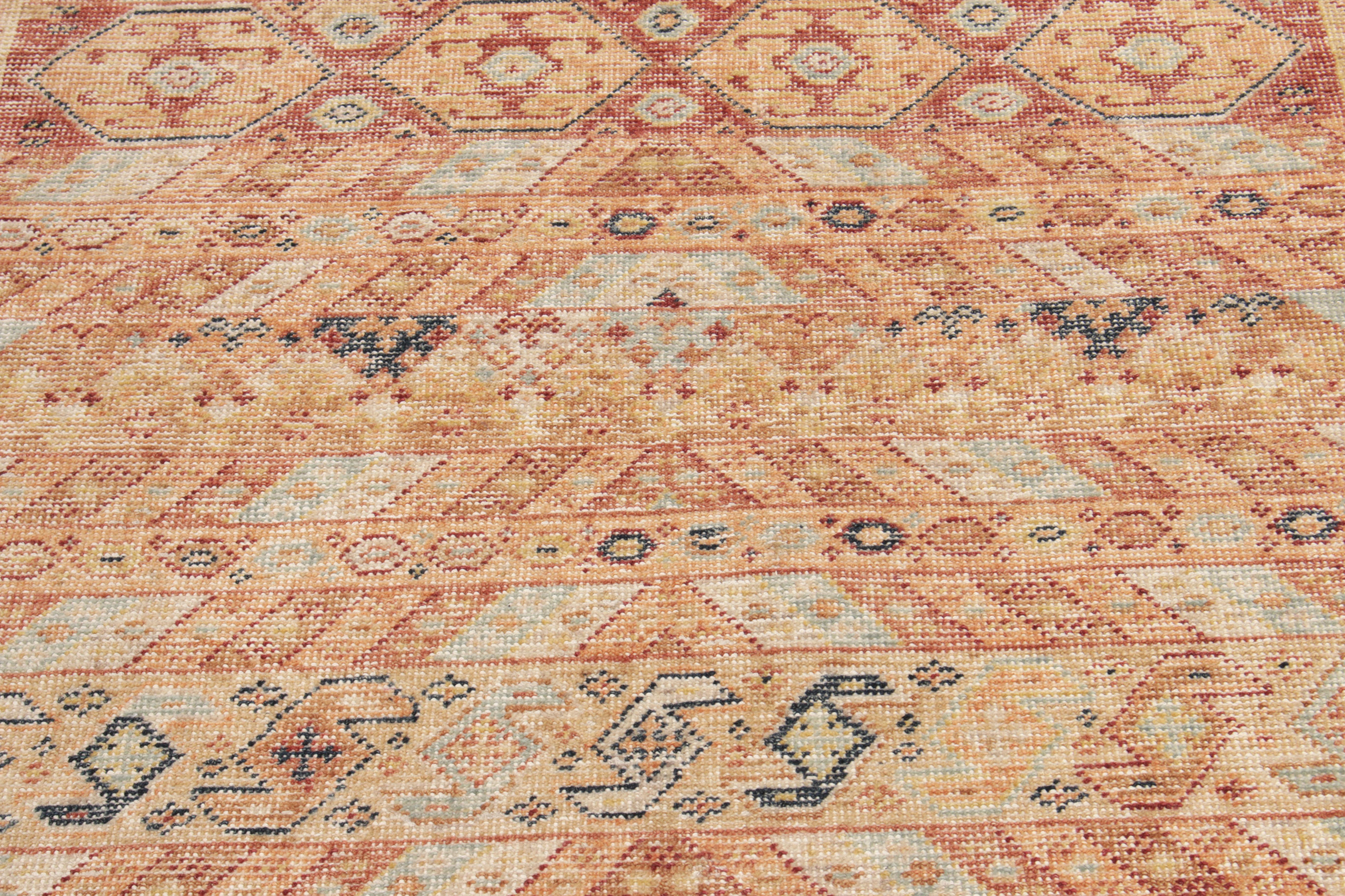 A 4x4 spectacle of nomadic aesthetics in distressed style, this square rug from our Homage Collection features a series of tribal patterns in tangerine, brick red & light-dark blue tones for a warm-cool colorplay harmoniously complementing the