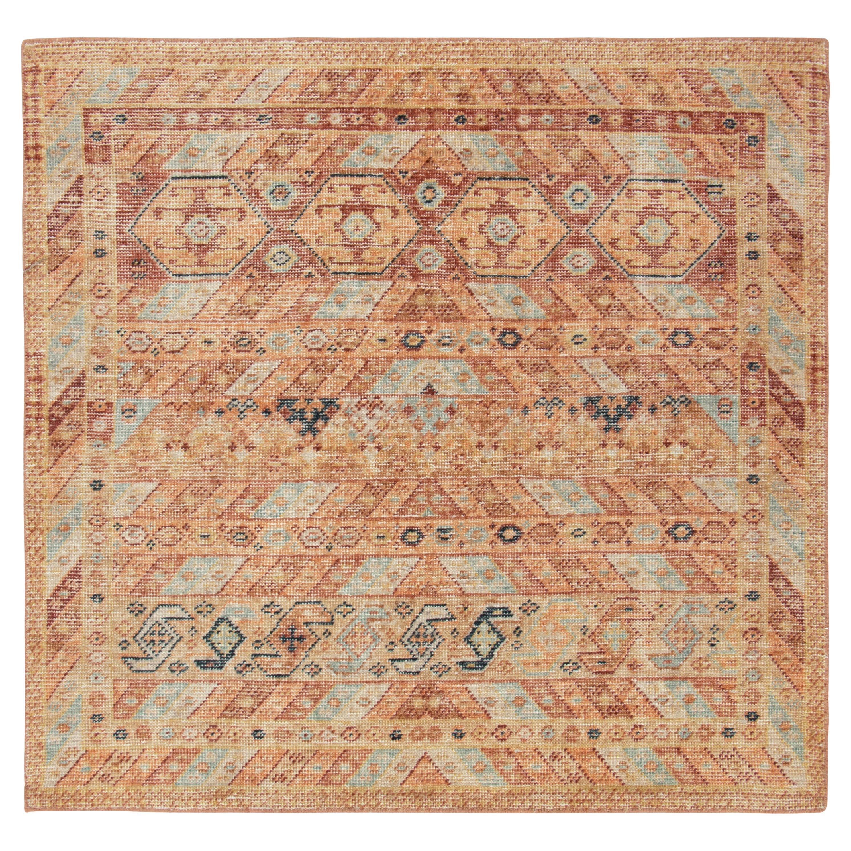Distressed Tribal Style Square Rug in Orange, Red & Blue Pattern by Rug & Kilim