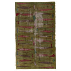 Distressed Turkish Art Deco Rug, Kelly Green Field