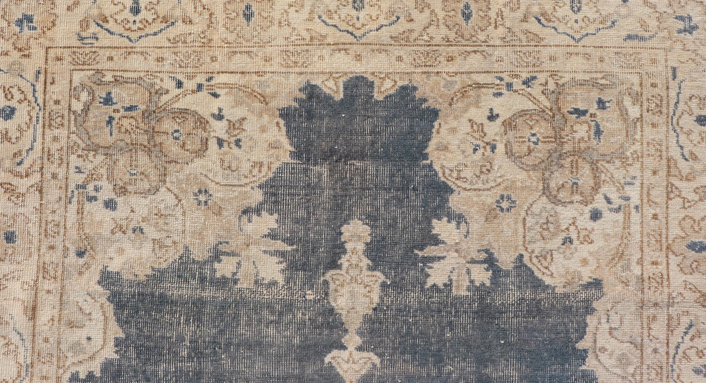 Distressed Turkish Carpet with Floral Design in Blue, Tan, Taupe, and Cream For Sale 3