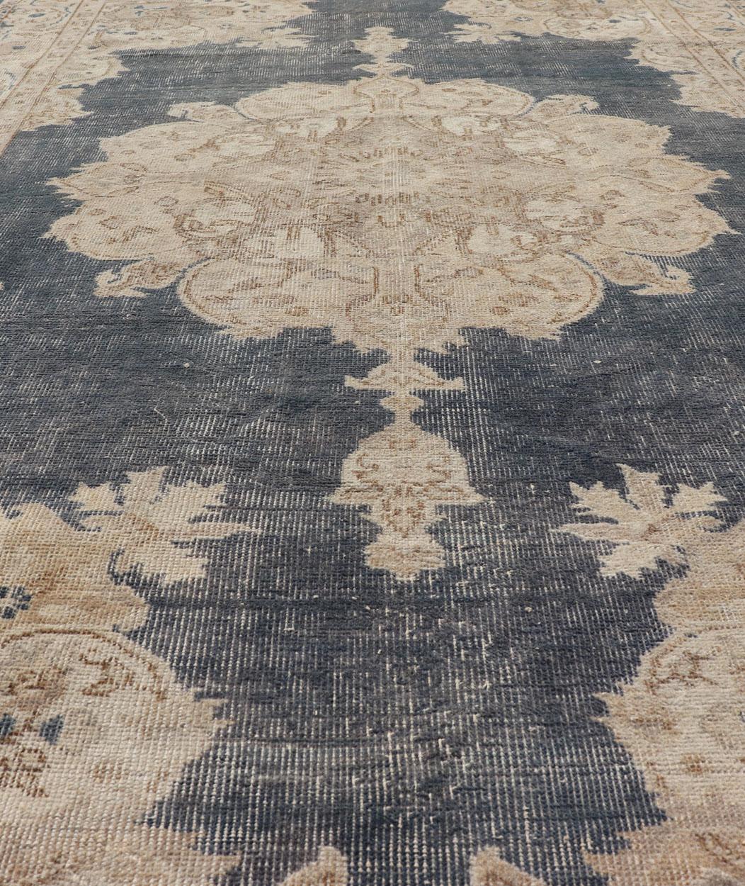 Distressed Turkish Carpet with Floral Design in Blue, Tan, Taupe, and Cream For Sale 1