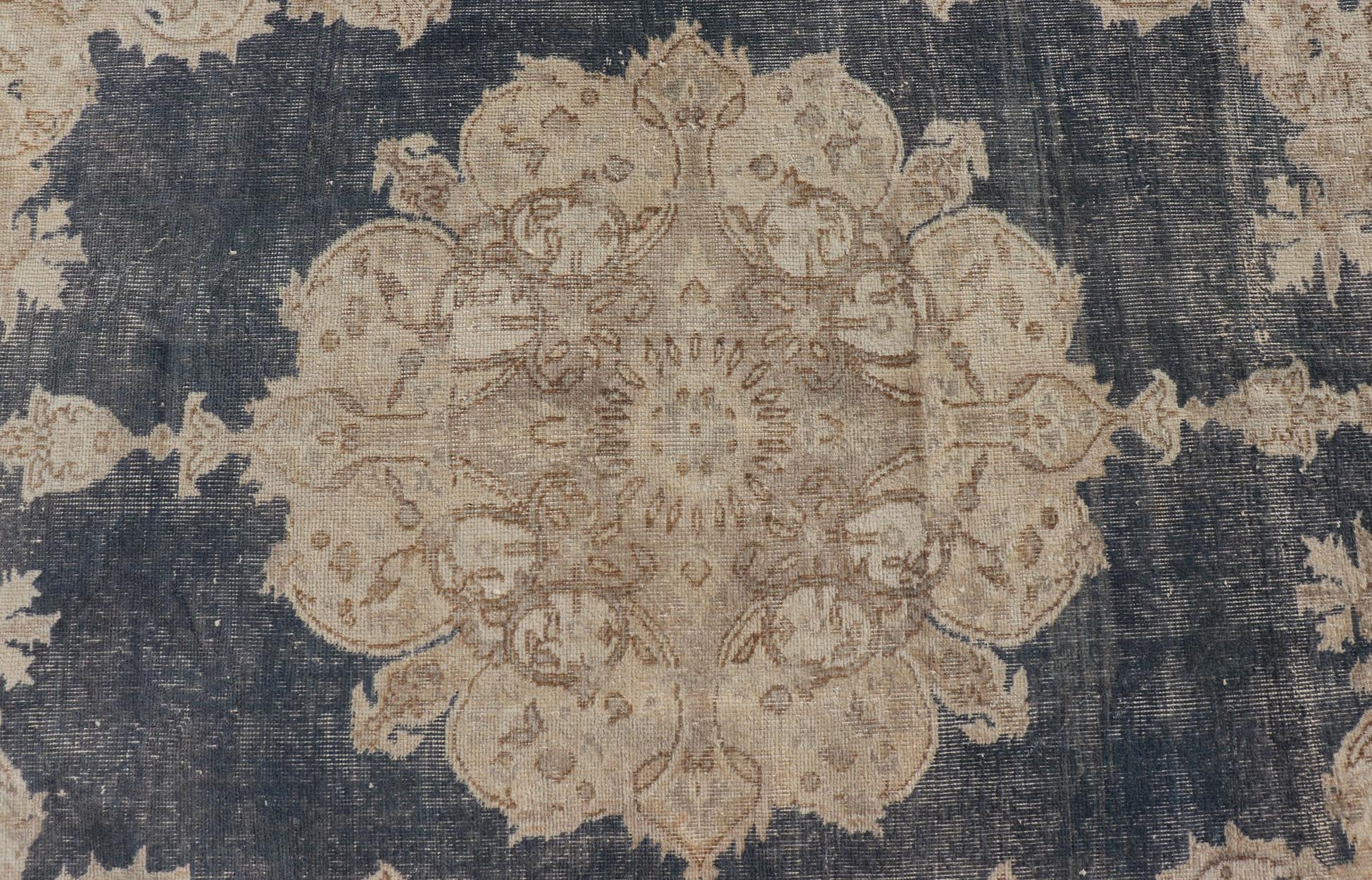 Distressed Turkish Carpet with Floral Design in Blue, Tan, Taupe, and Cream For Sale 2