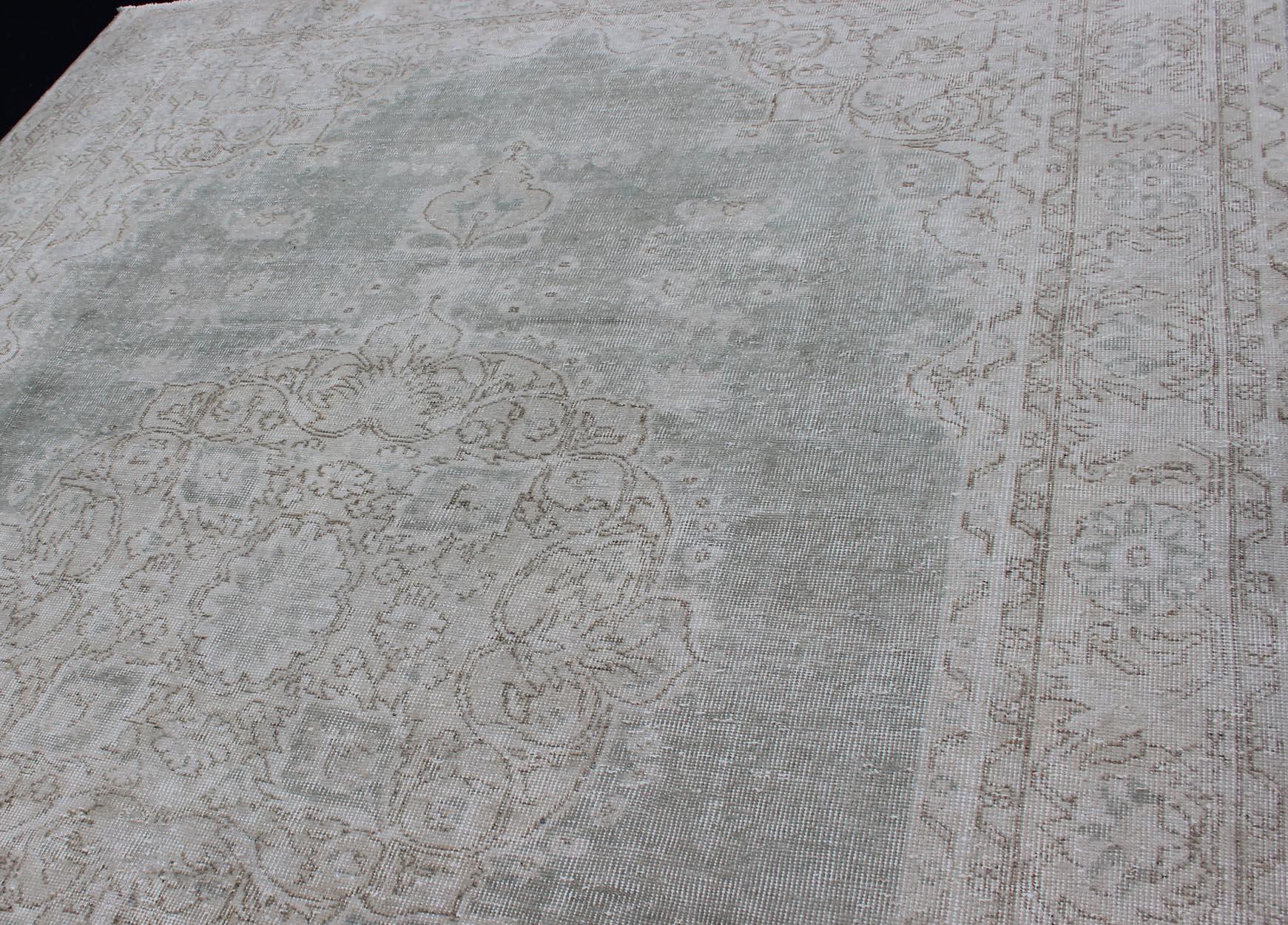 Distressed Turkish Carpet with Floral Design in Gray Green, Brown and Ivory For Sale 3