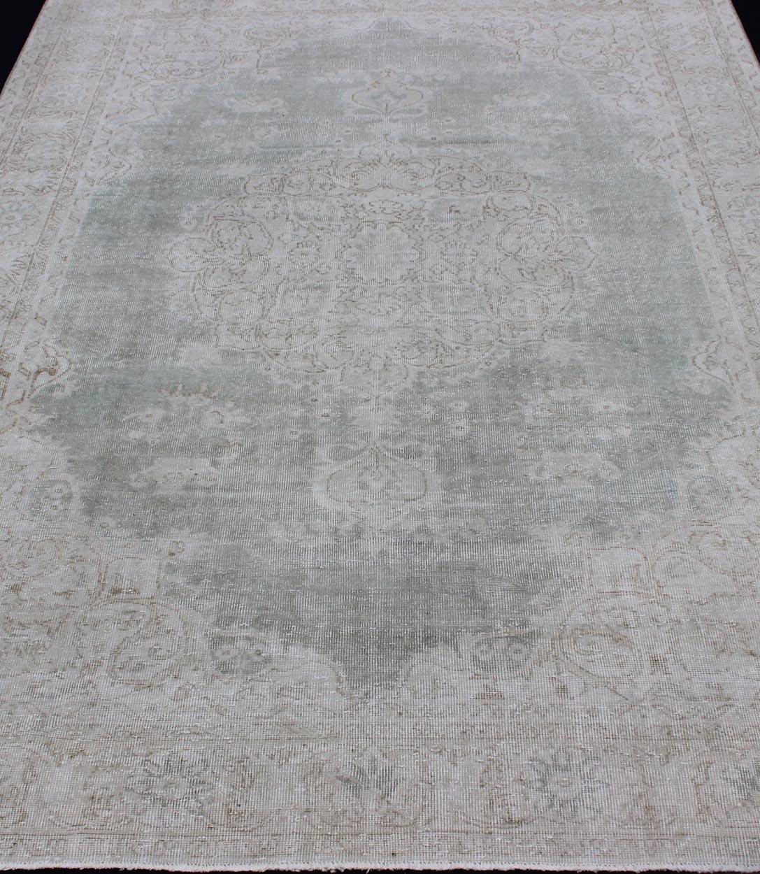Distressed Turkish Carpet with Floral Design in Gray Green, Brown and Ivory For Sale 4