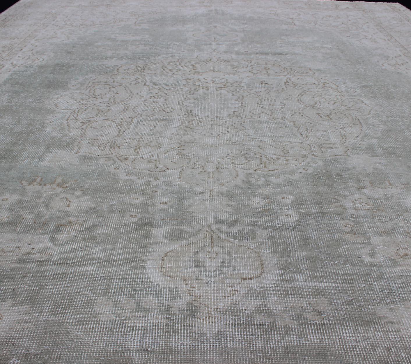 Distressed Turkish Carpet with Floral Design in Gray Green, Brown and Ivory For Sale 5