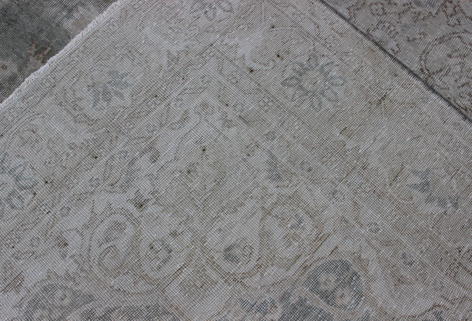 Distressed Turkish Carpet with Floral Design in Gray Green, Brown and Ivory For Sale 6