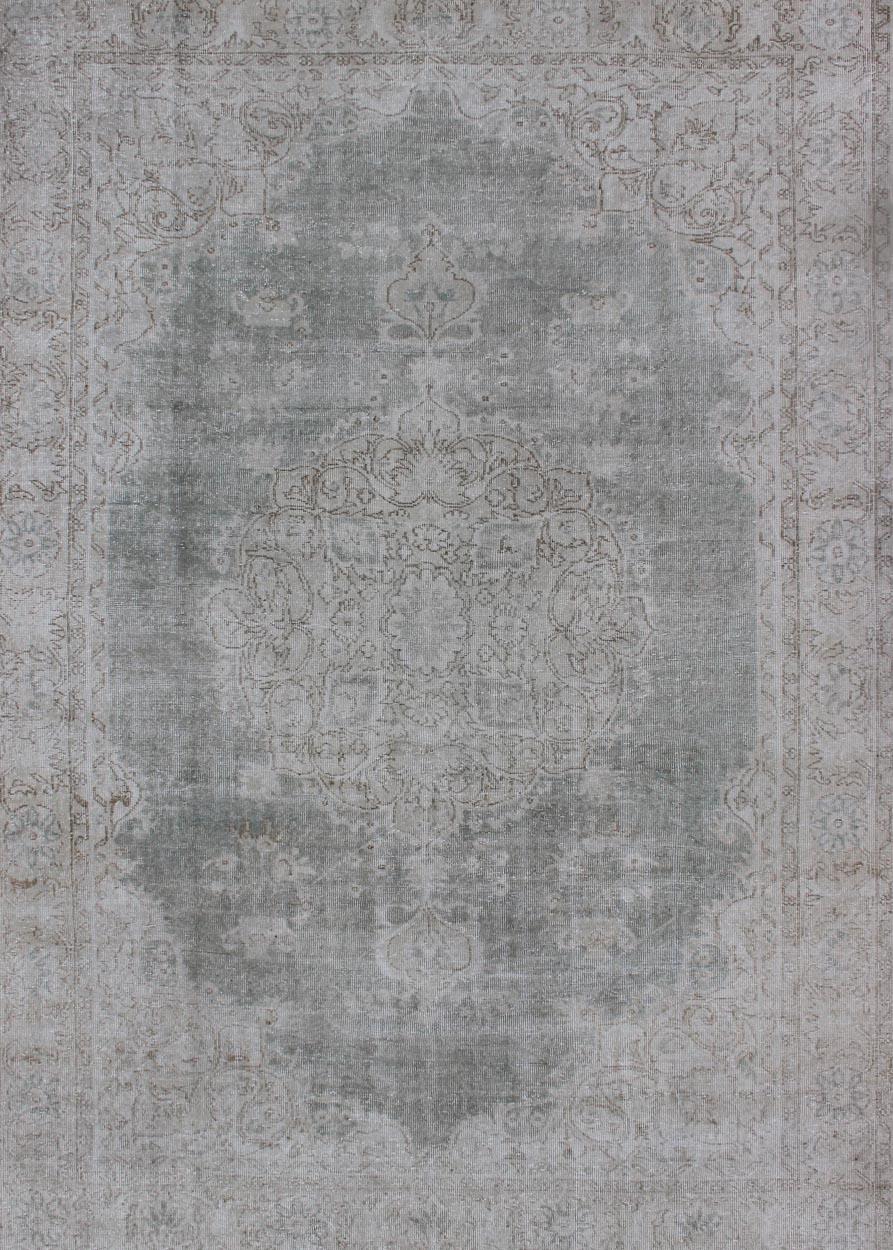 Oushak Distressed Turkish Carpet with Floral Design in Gray Green, Brown and Ivory For Sale