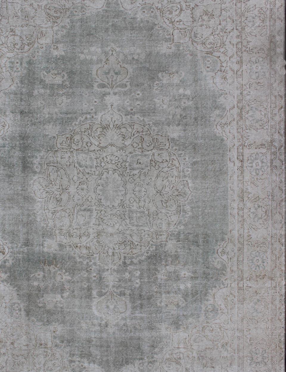 Hand-Knotted Distressed Turkish Carpet with Floral Design in Gray Green, Brown and Ivory For Sale