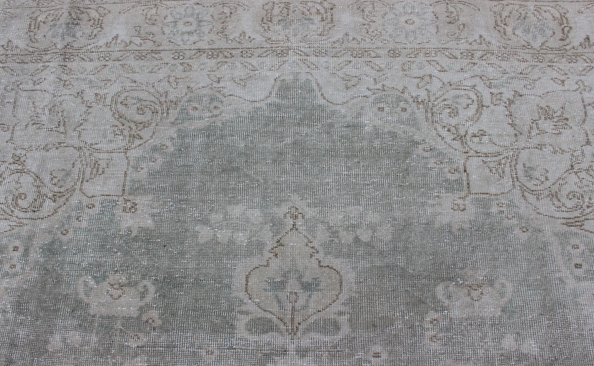 Wool Distressed Turkish Carpet with Floral Design in Gray Green, Brown and Ivory For Sale