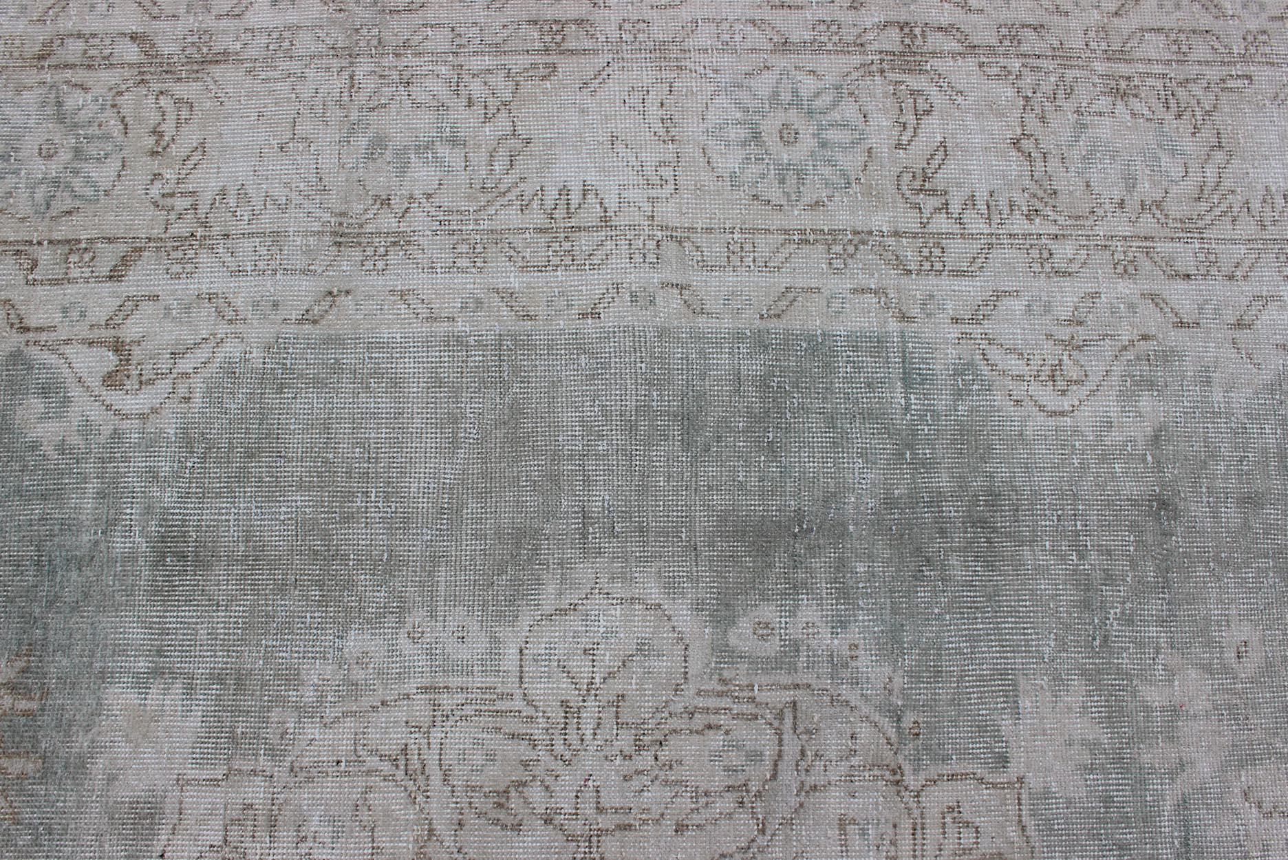Distressed Turkish Carpet with Floral Design in Gray Green, Brown and Ivory For Sale 2