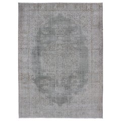 Distressed Turkish Carpet with Floral Design in Gray Green, Brown and Ivory