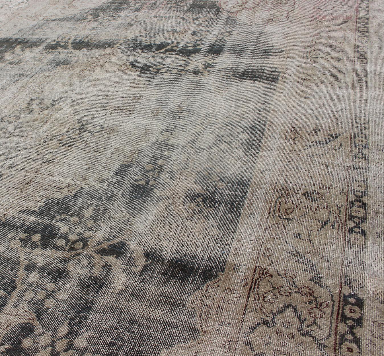 Distressed Turkish Carpet with Floral Design in Taupe, Dark Gray, and Charcoal For Sale 3