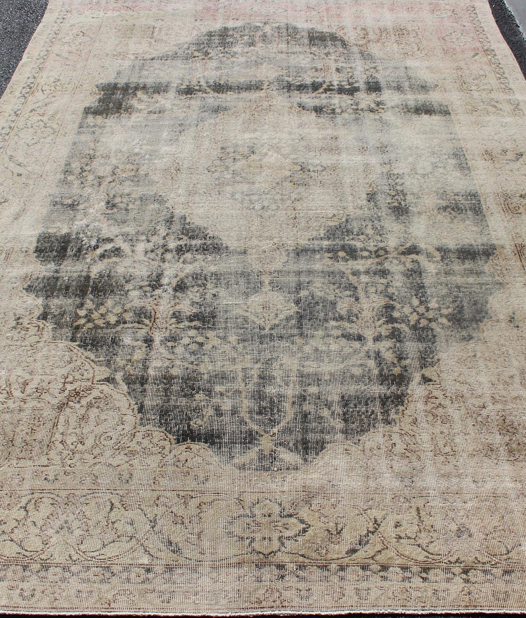 Distressed Turkish Carpet with Floral Design in Taupe, Dark Gray, and Charcoal For Sale 4
