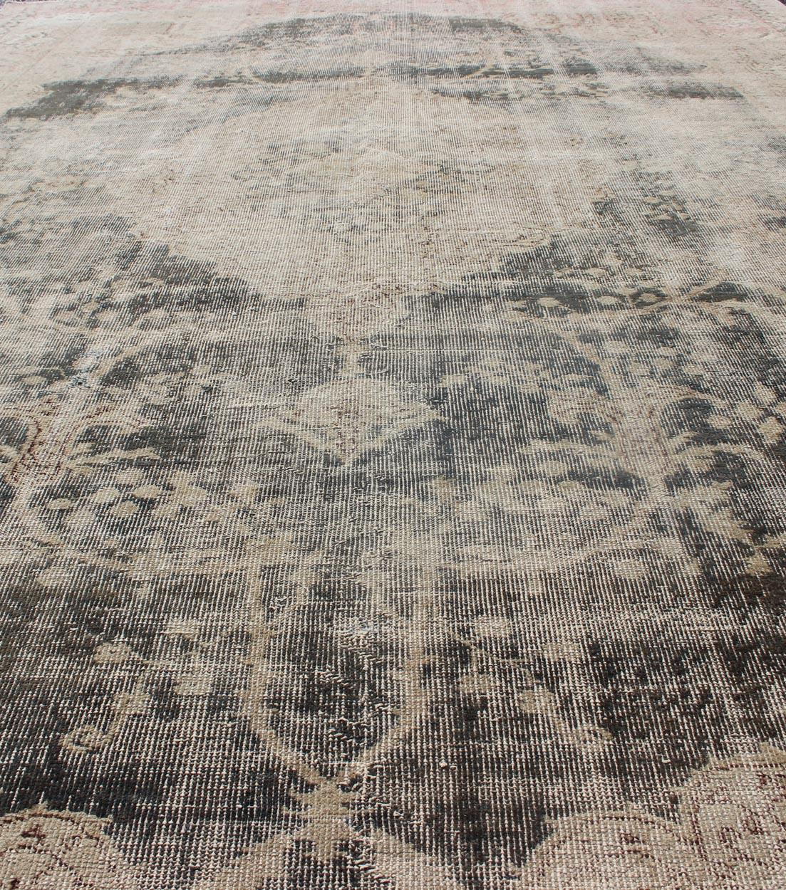 Distressed Turkish Carpet with Floral Design in Taupe, Dark Gray, and Charcoal For Sale 5