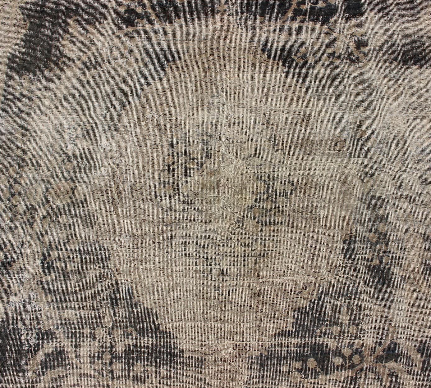 Distressed Turkish Carpet with Floral Design in Taupe, Dark Gray, and Charcoal For Sale 6