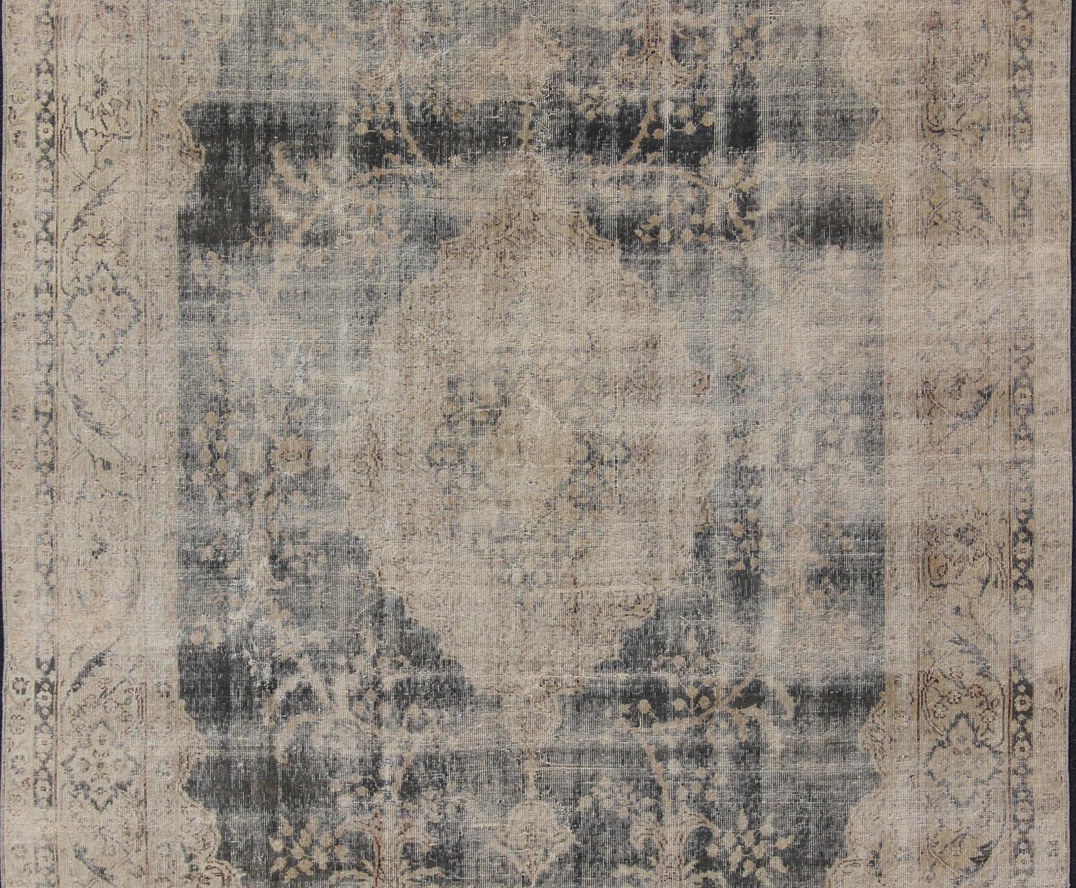 Oushak Distressed Turkish Carpet with Floral Design in Taupe, Dark Gray, and Charcoal For Sale
