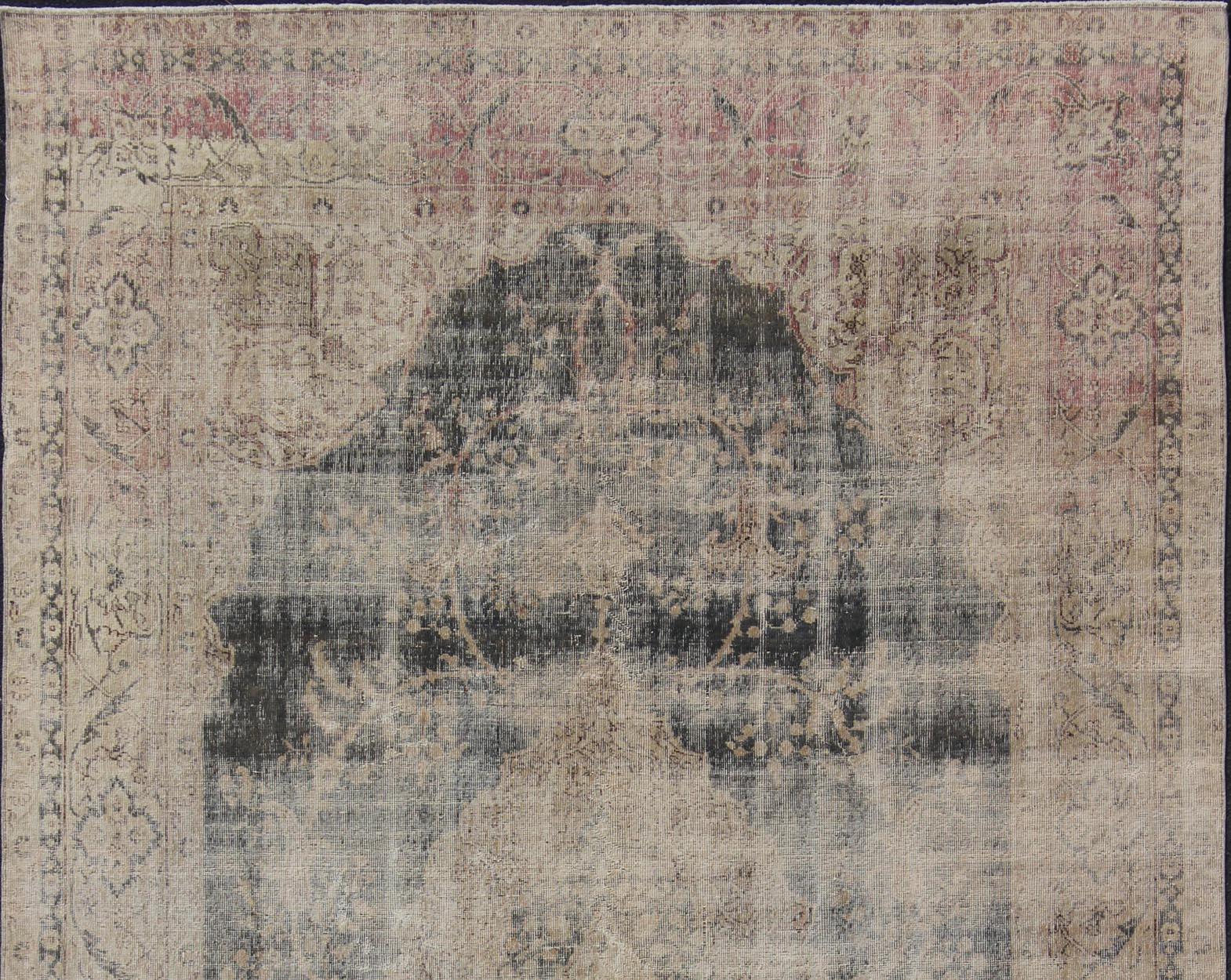 Hand-Knotted Distressed Turkish Carpet with Floral Design in Taupe, Dark Gray, and Charcoal For Sale