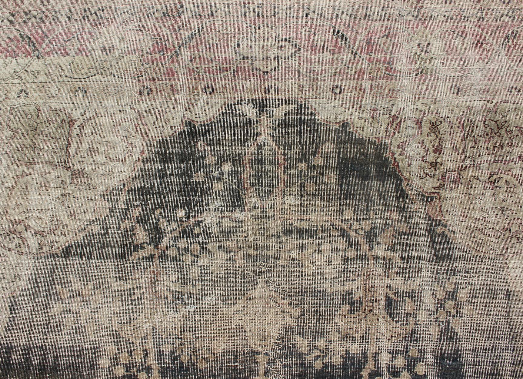 Mid-20th Century Distressed Turkish Carpet with Floral Design in Taupe, Dark Gray, and Charcoal For Sale