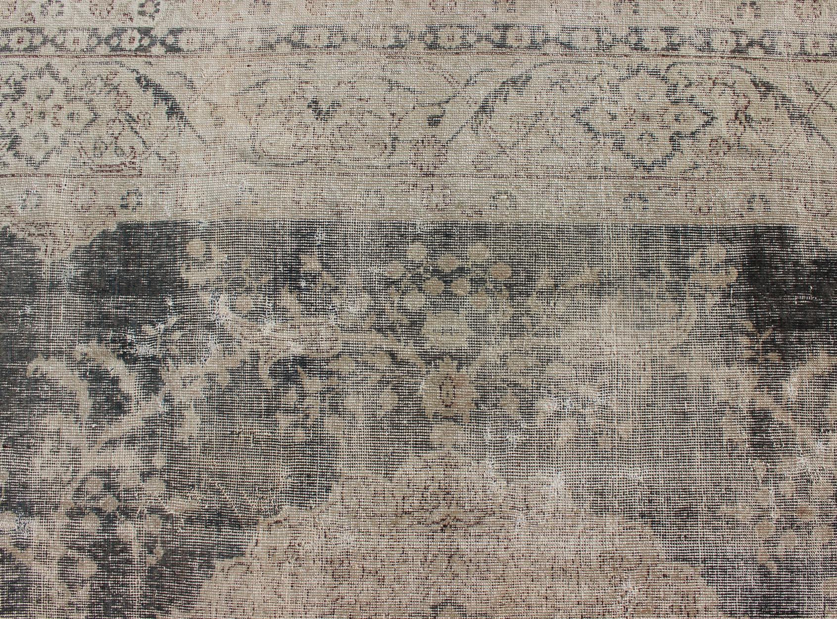 Wool Distressed Turkish Carpet with Floral Design in Taupe, Dark Gray, and Charcoal For Sale