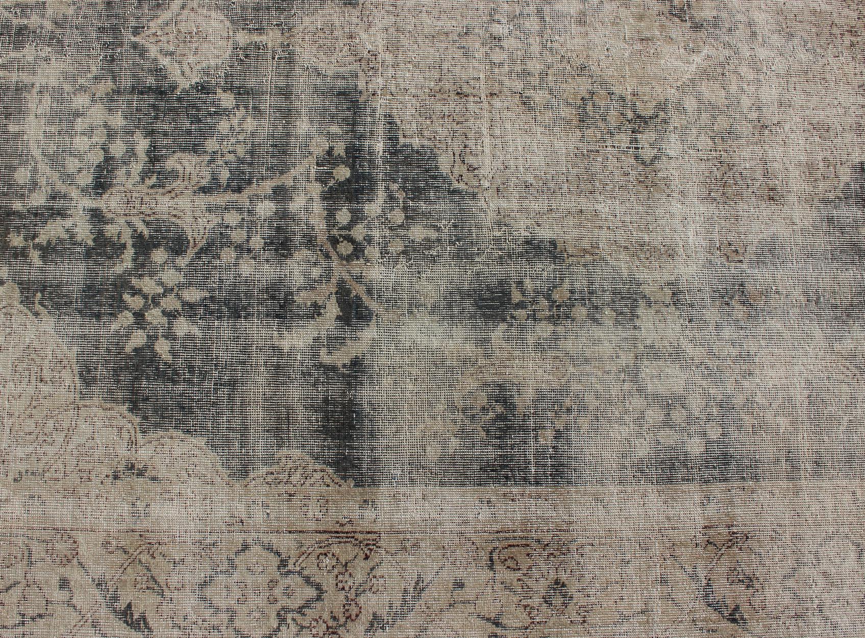 Distressed Turkish Carpet with Floral Design in Taupe, Dark Gray, and Charcoal For Sale 2