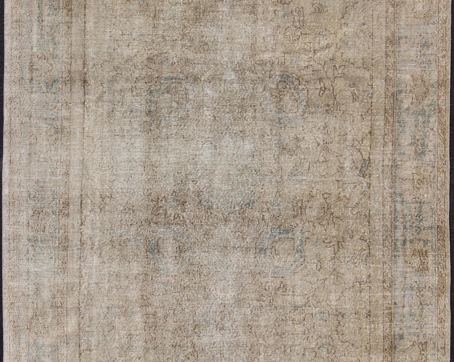 Oushak Distressed Turkish Carpet with Floral Design in Taupe, Gray, Brown and Cream