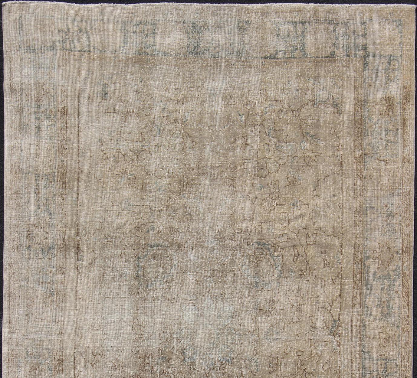 Hand-Knotted Distressed Turkish Carpet with Floral Design in Taupe, Gray, Brown and Cream