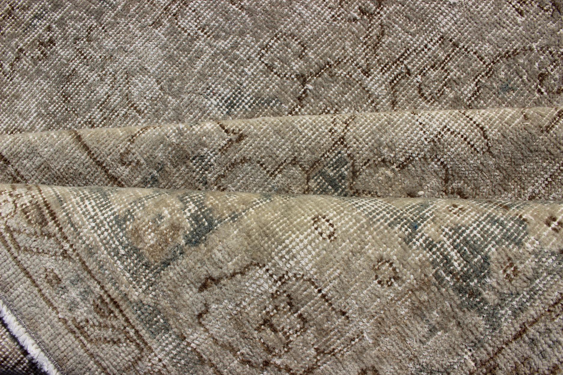 Distressed Turkish Carpet with Floral Design in Taupe, Gray, Brown and Cream In Distressed Condition In Atlanta, GA