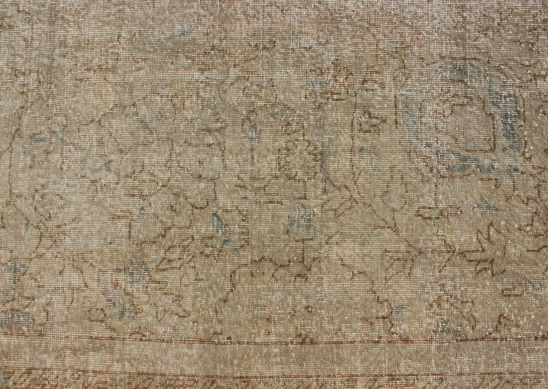 Mid-20th Century Distressed Turkish Carpet with Floral Design in Taupe, Gray, Brown and Cream