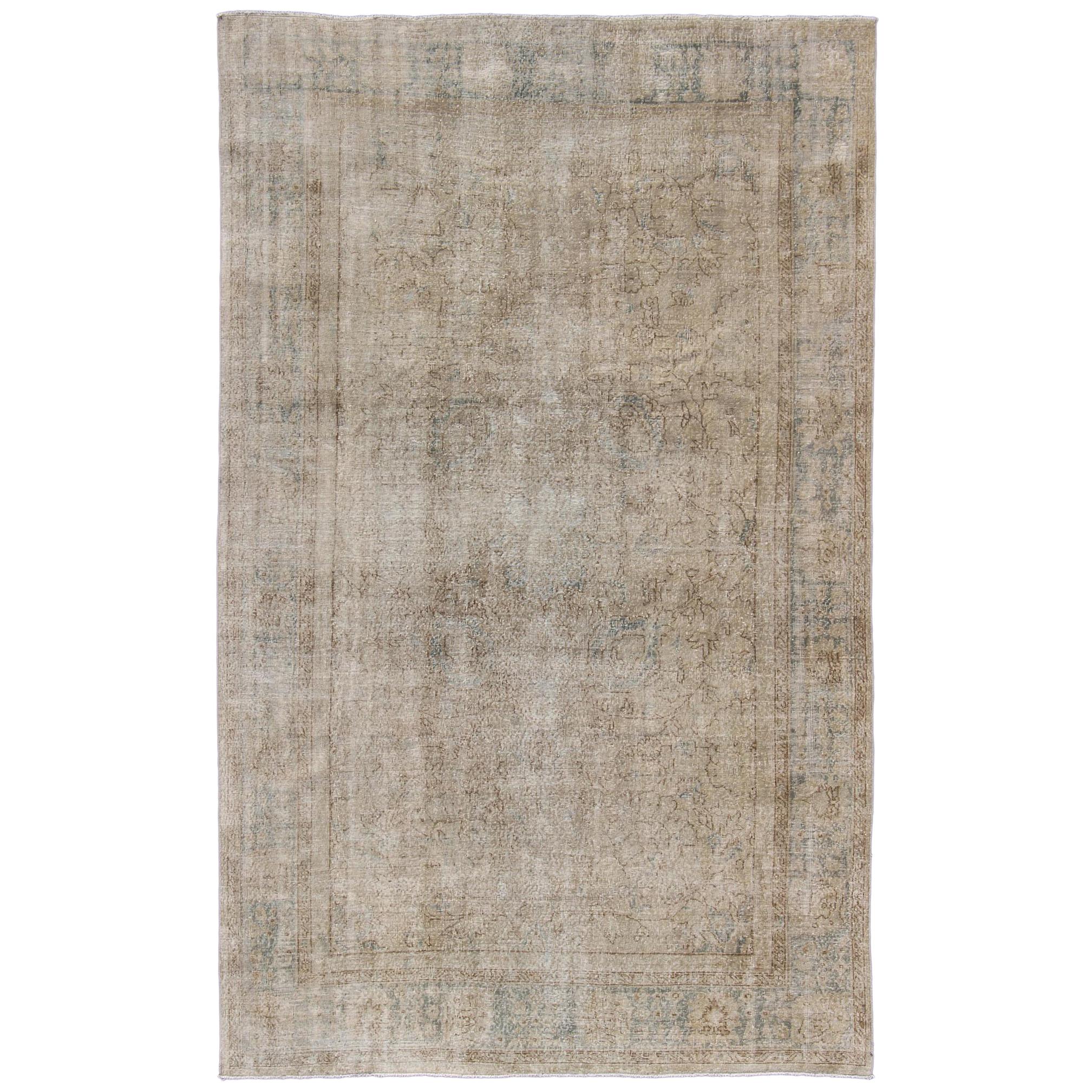 Distressed Turkish Carpet with Floral Design in Taupe, Gray, Brown and Cream