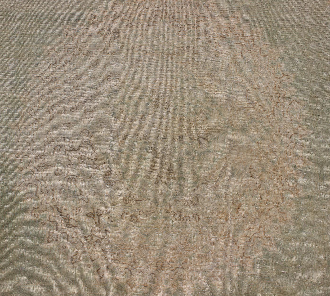 Distressed Turkish Carpet with Floral Medallion in Light Green, Tan and Taupe For Sale 5