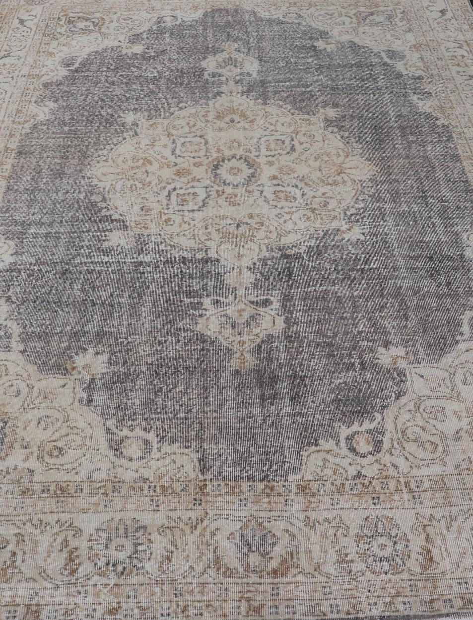 Distressed Turkish Carpet with medallion Design in Dark Gray, Lt. Brown & Cream For Sale 3