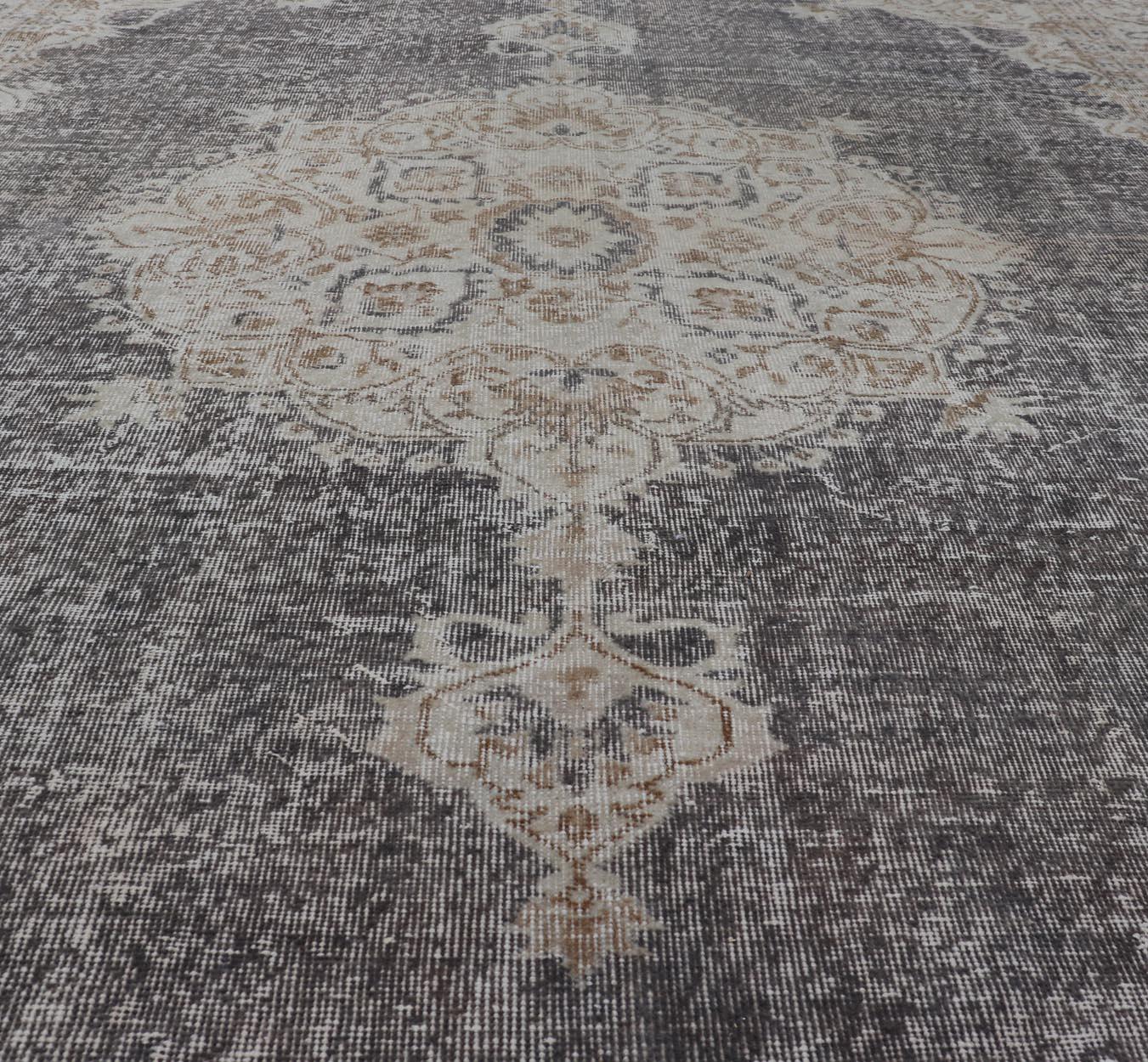 Distressed Turkish Carpet with medallion Design in Dark Gray, Lt. Brown & Cream For Sale 4