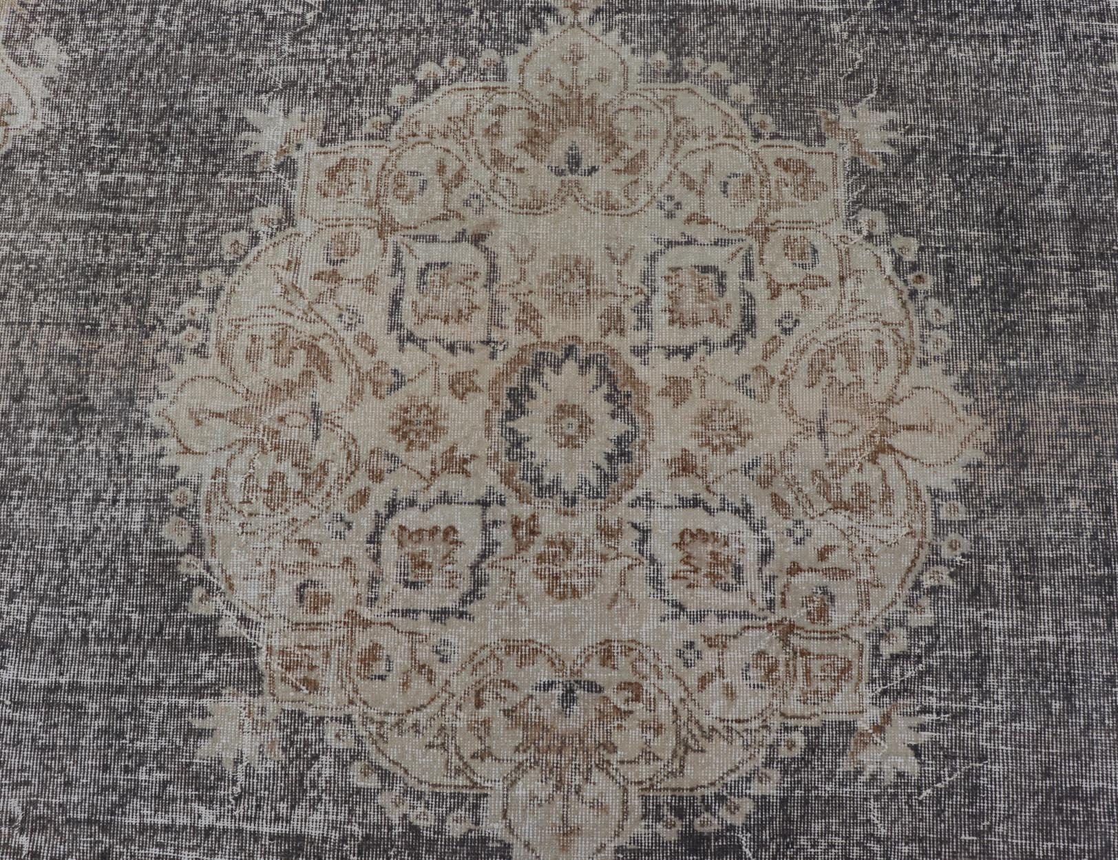 Distressed Turkish Carpet with medallion Design in Dark Gray, Lt. Brown & Cream For Sale 5