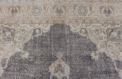 Distressed Turkish Carpet with medallion Design in Dark Gray, Lt. Brown & Cream