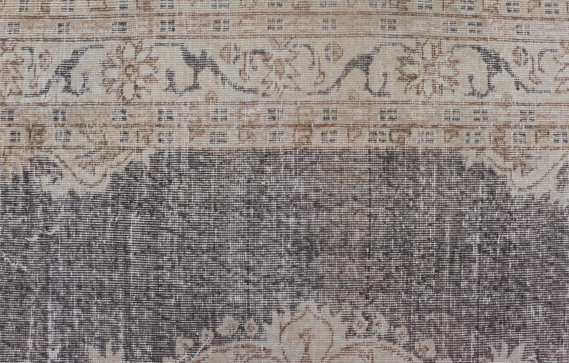 Oushak Distressed Turkish Carpet with medallion Design in Dark Gray, Lt. Brown & Cream For Sale