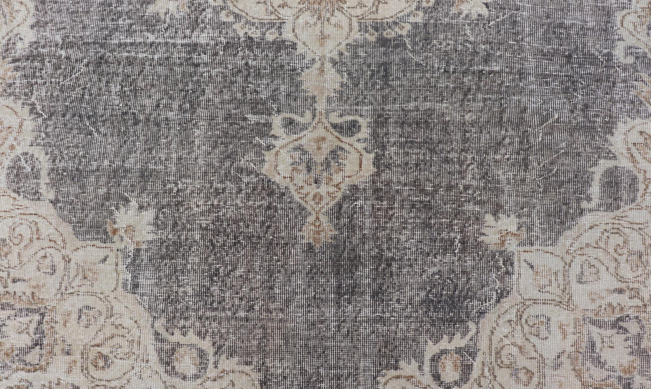 Distressed Turkish Carpet with medallion Design in Dark Gray, Lt. Brown & Cream In Distressed Condition For Sale In Atlanta, GA