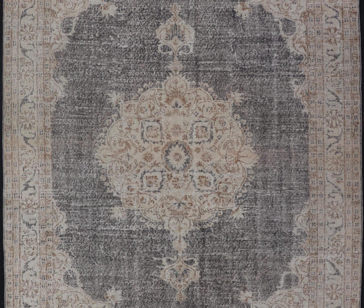 Wool Distressed Turkish Carpet with medallion Design in Dark Gray, Lt. Brown & Cream For Sale
