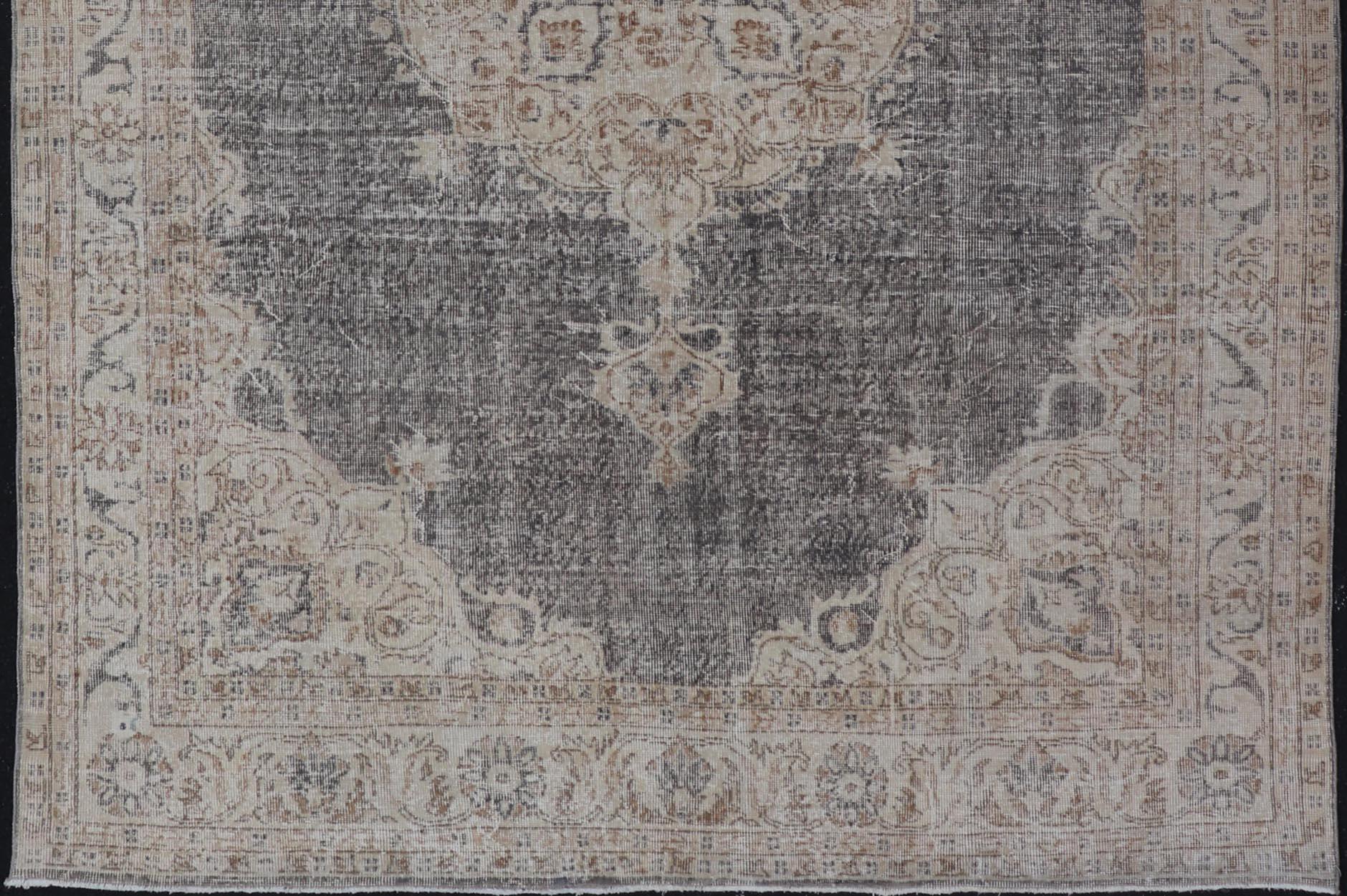 Distressed Turkish Carpet with medallion Design in Dark Gray, Lt. Brown & Cream For Sale 1