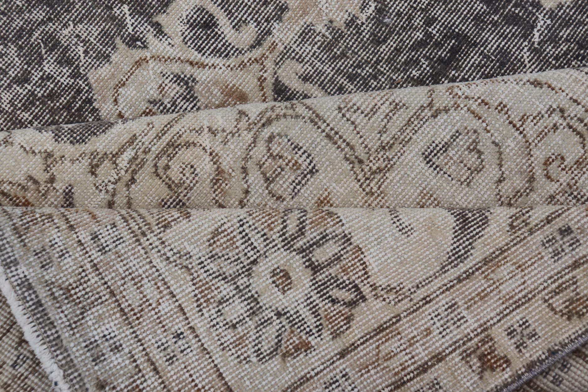 Distressed Turkish Carpet with medallion Design in Dark Gray, Lt. Brown & Cream For Sale 2
