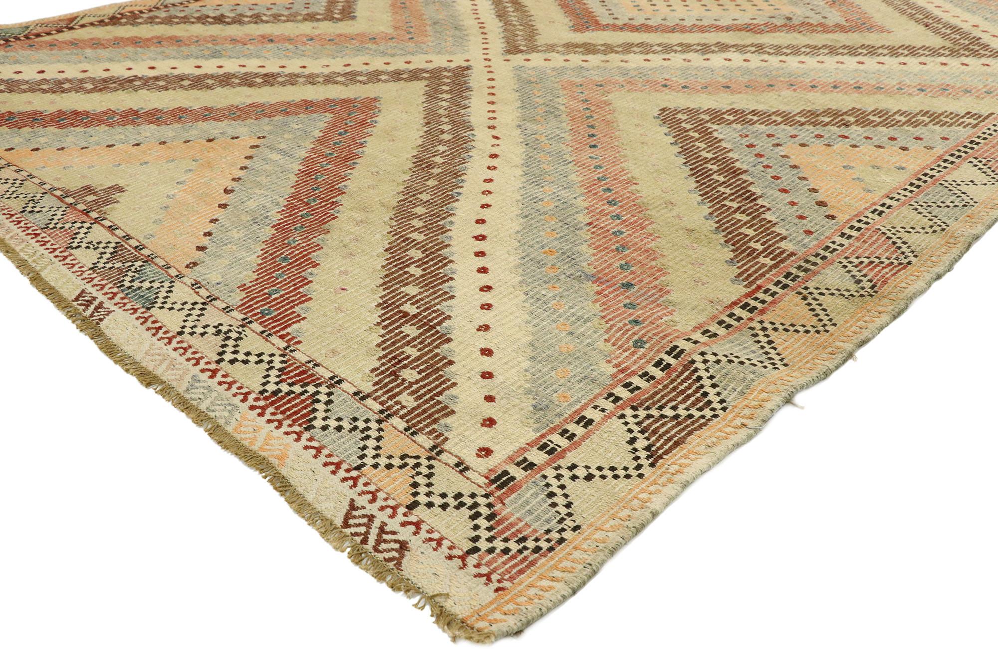 Hand-Woven Distressed Turkish Flat-Weave Kilim Rug with Modern Southwestern Boho Chic Style For Sale